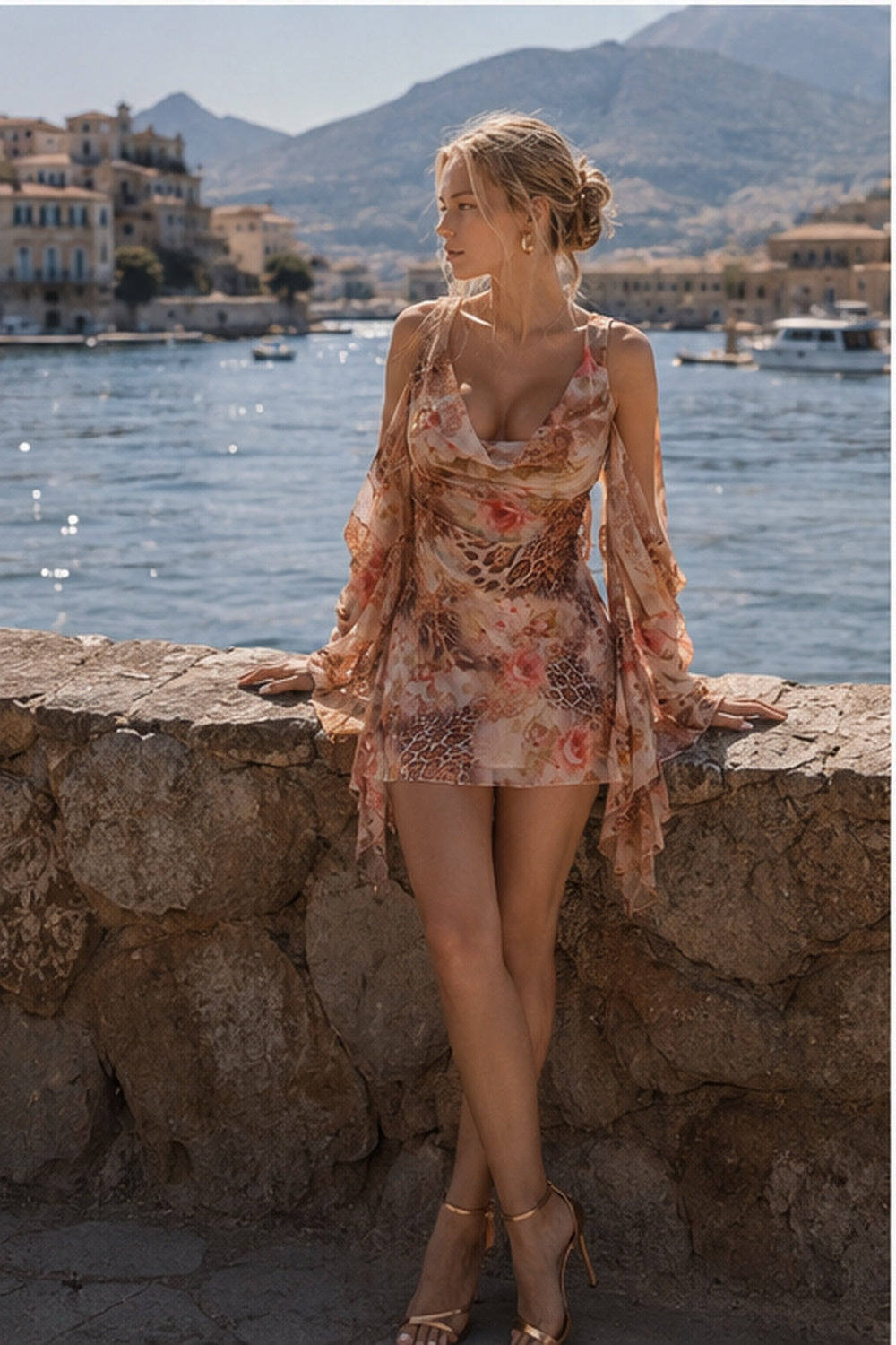 Floral Print Cowl Neck Long Sleeve Mini Dress
