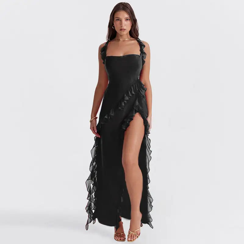 Chiffon Ruffle Strap Tiered High Split High Low Maxi Dress - View 7