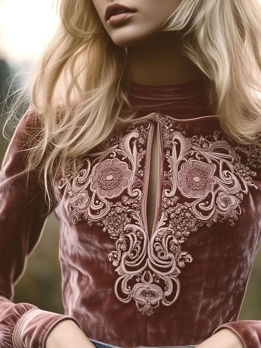 Vintage Cuffs Rose Velvet Embroidered Keyhole Blouse - Fashionpara