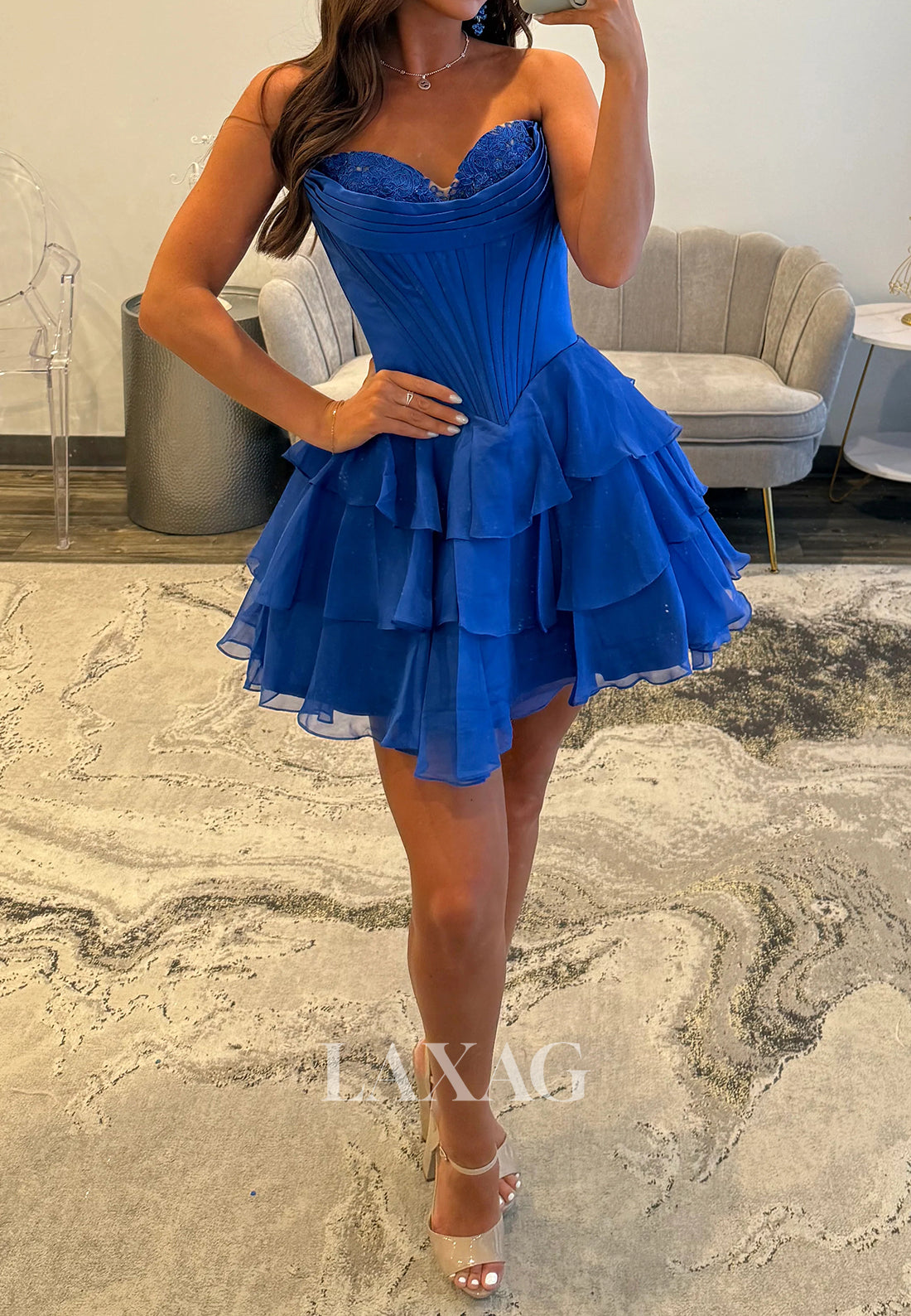 Sweetheart Off-Shoulder Applique Pleated Chiffon Tiered A-Line Party Homecoming Dress