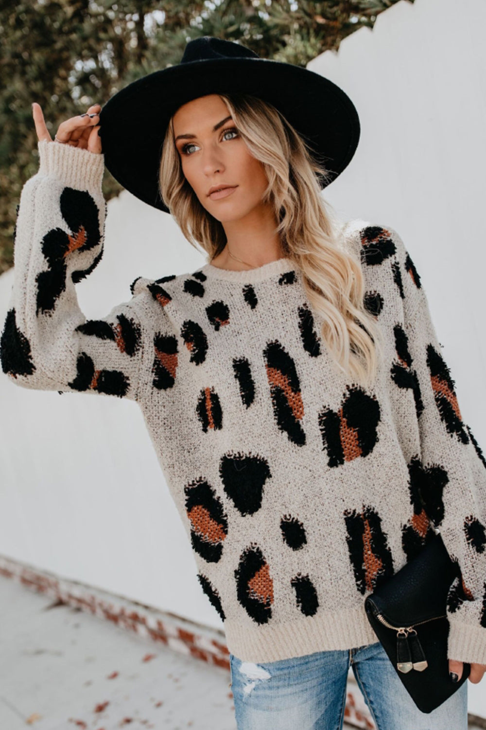 RadyRin Leopard Print Round Neck Pullover Sweater