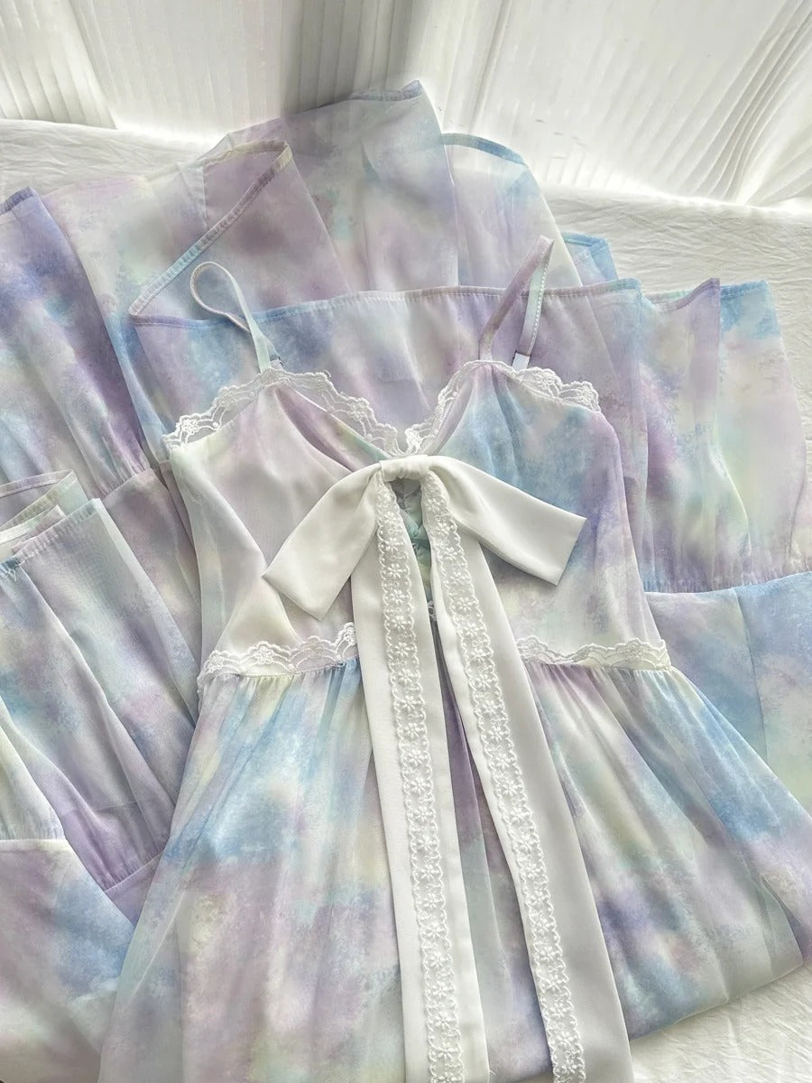 Sweet Purple And Blue Gradient A-line Suspender Bow Chiffon Long Prom Dress Evening Dress P4007