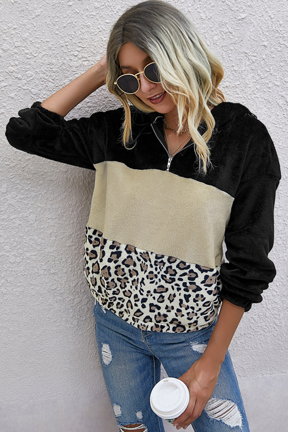 RadyRin Leopard Patchwork Plush Sweater for Cozy Elegance