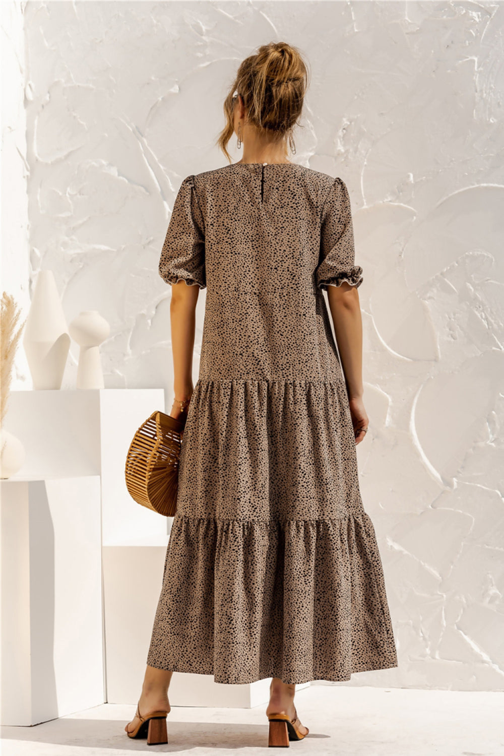 Puff Sleeve Polka Dot Plaid Patchwork Long Dress - Fashionpara