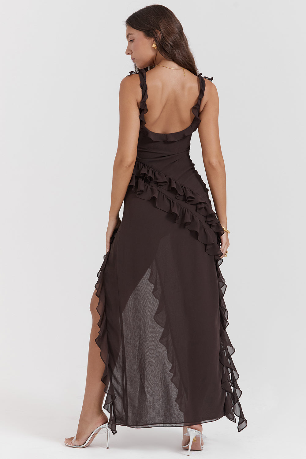 Square Neck Ruffle Strap High Split Asymmetrical Cascade Maxi Dress 31