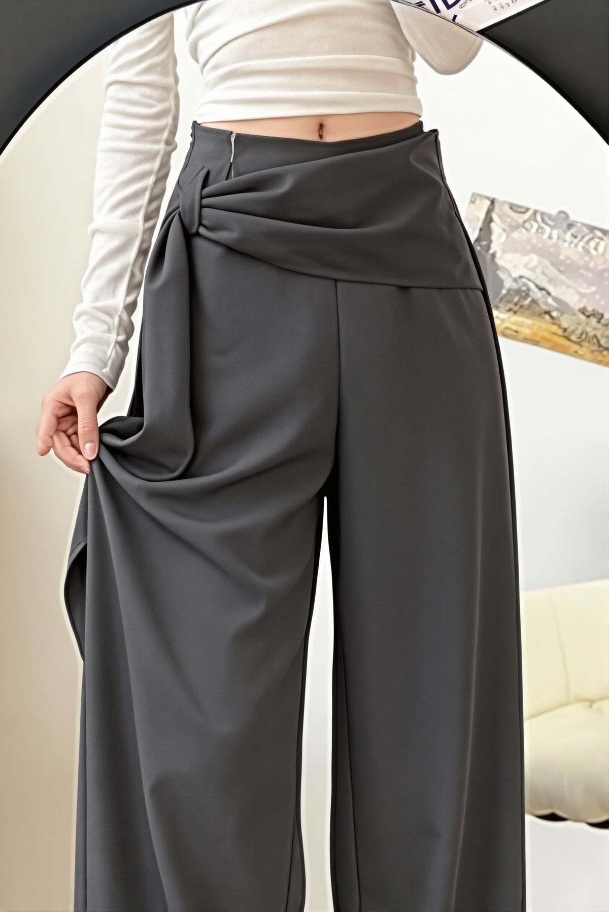 Draped Waist Tailored Wide Leg Pants