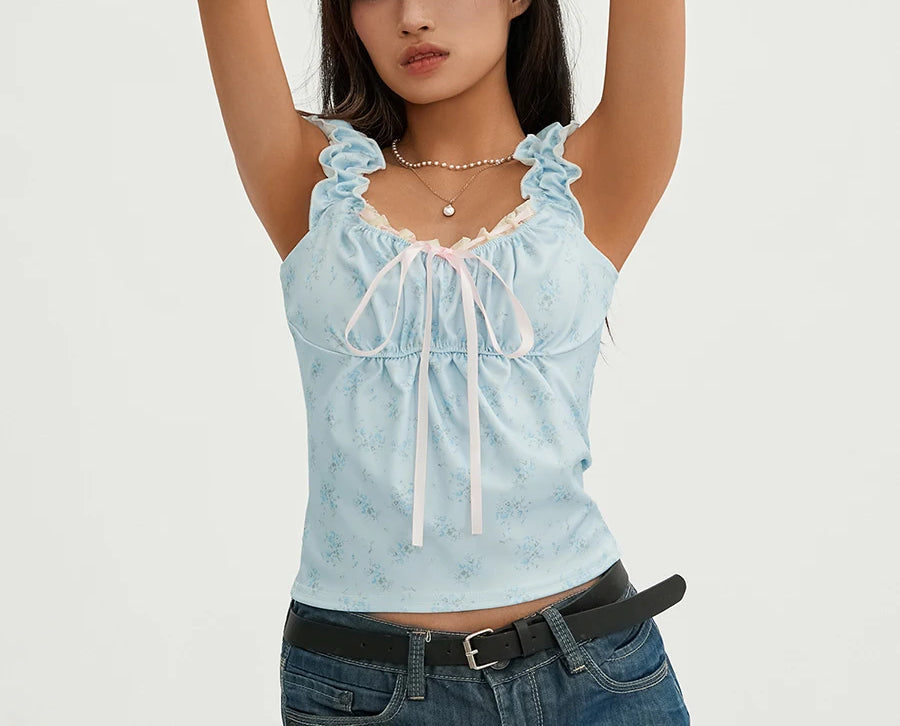 Floral Lace Patchwork Sleeveless Slim Fit Club Crop Vest - Fashionpara