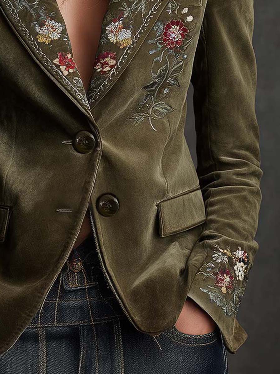 Floral Embroidered Peak Lapel Velvet Blazer 5