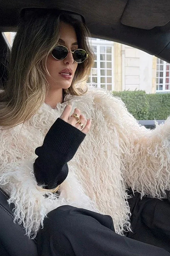 White Faux Fur Lapel Coat - Fashionpara