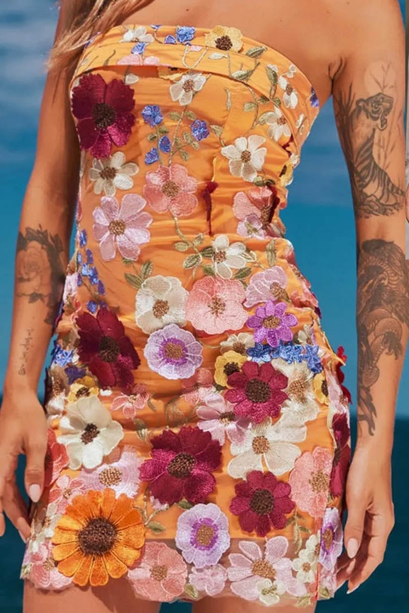 3D Flower Embroidered Strapless Tube Top Dress - Fashionpara