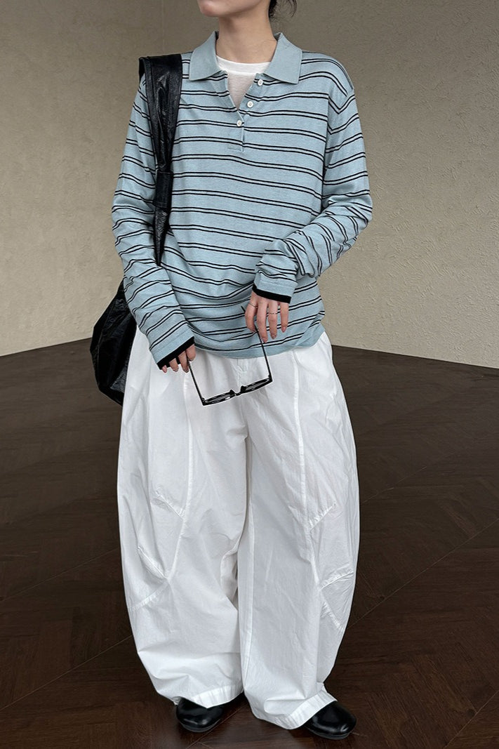 Soft Wool Striped Polo Collar Long Sleeve Blouse