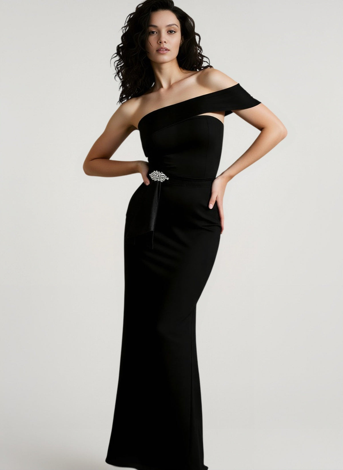 Strapless Asymmetric Bustier Beaded-Waist Column Gown