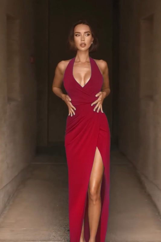 Halter Neck Deep V-Neck Ruched Wrap High Split Maxi Dress - View 5