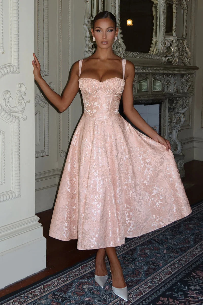 Brocade Sweetheart Corset Fit & Flare Midi Dress