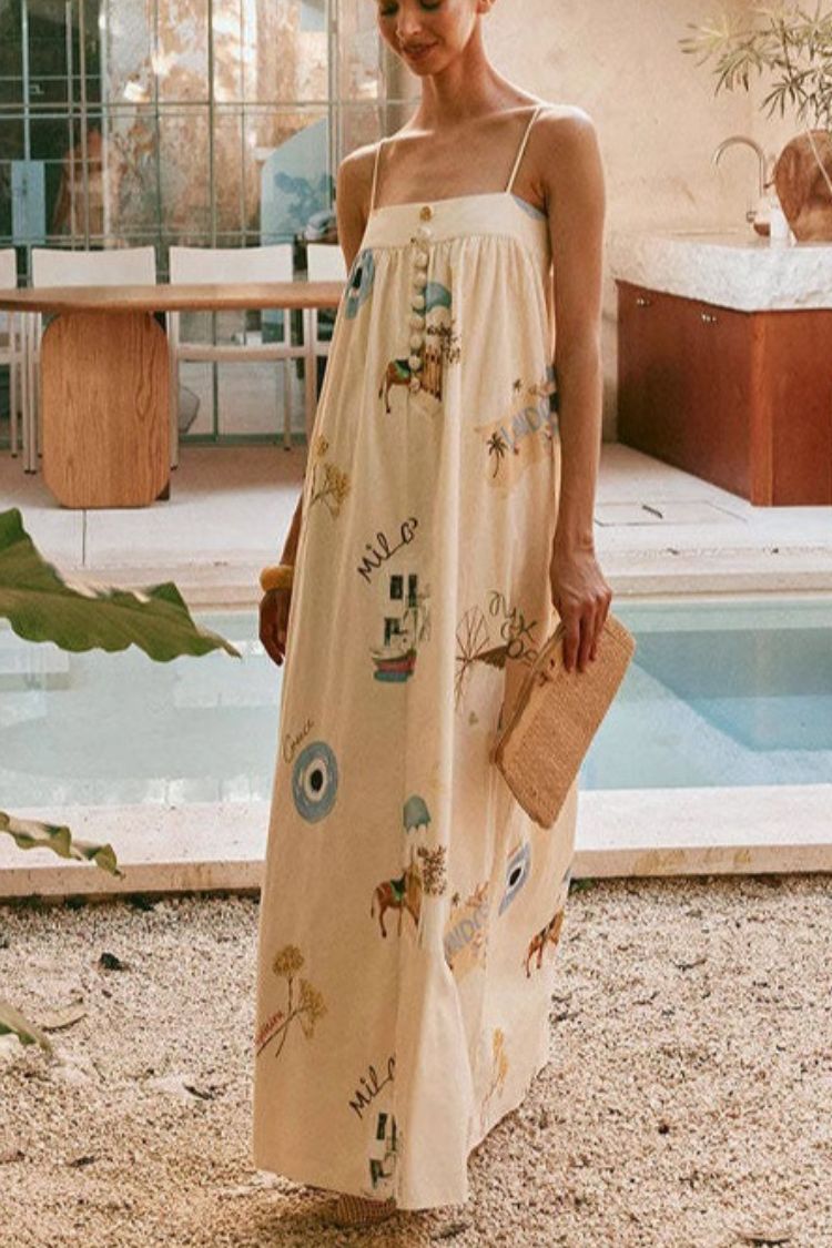 Linen Blend Sling Backless Loose Holiday Maxi Dress - Fashionpara