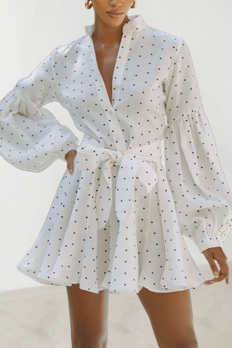 Polka Dot Lantern Sleeve Tie Mini Dress - Fashionpara