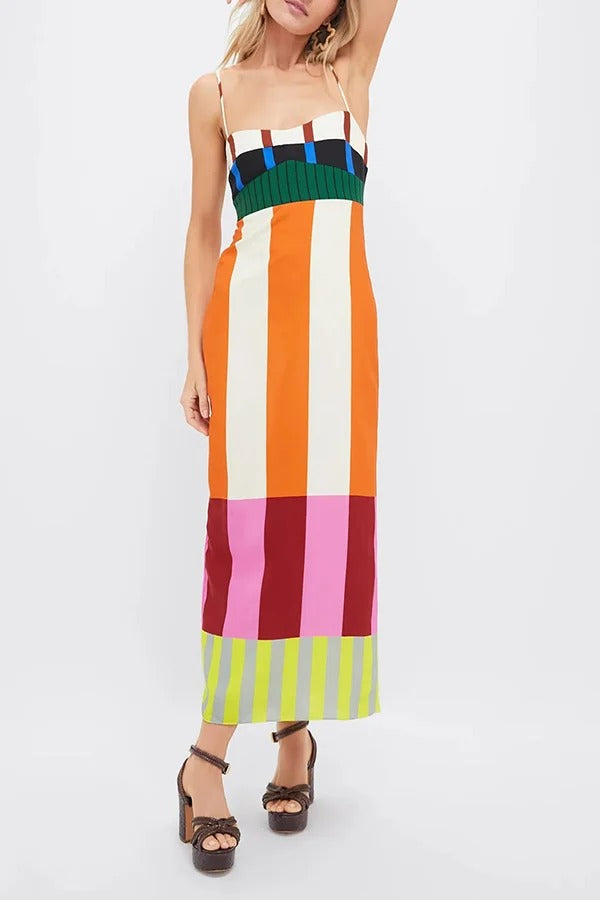 Beach Moment Linen Blend Unique Color Block Slip Maxi Dress - Fashionpara