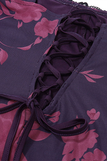 Vintage Print Lace Tie Slit Maxi Dress