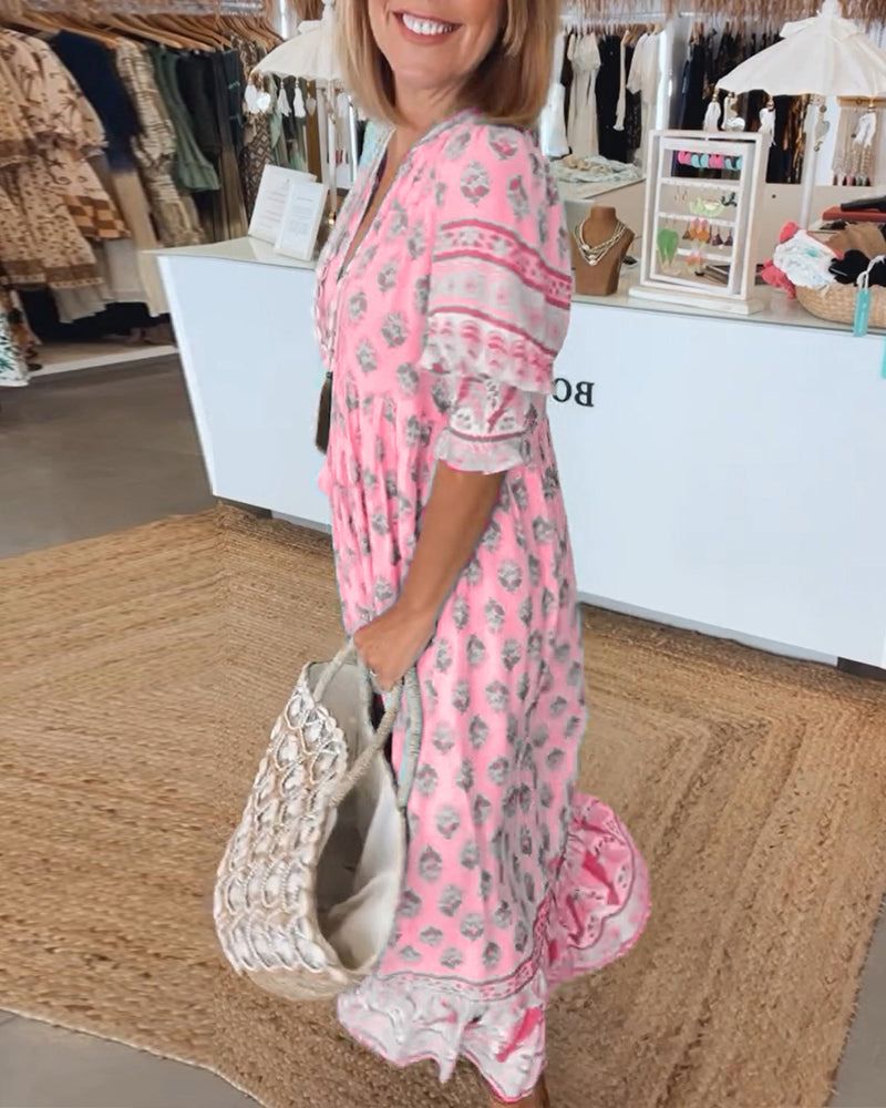 Block Print V-Neck Button Front Half Sleeve Tiered Midi Dress 6