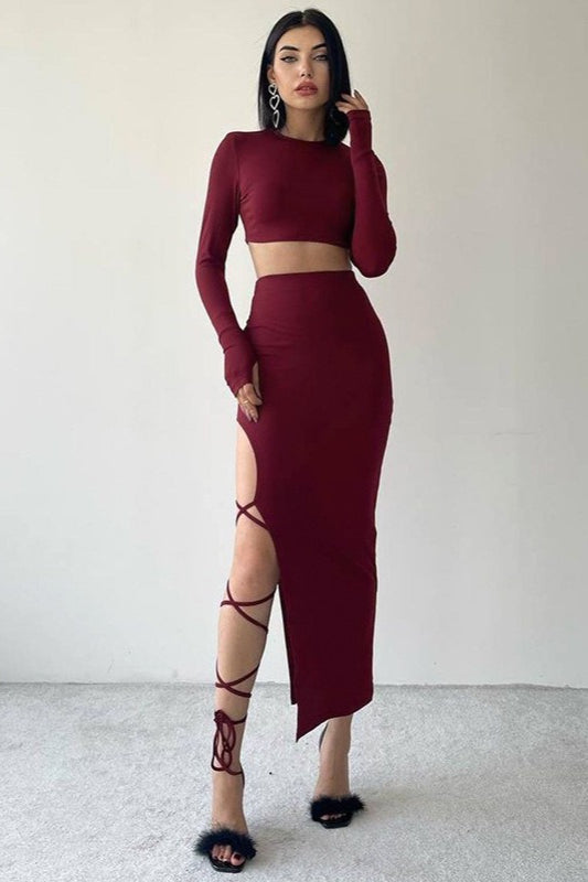 Solid Crew Neck Long Sleeve Tie Waist Skirt Two Piece Set