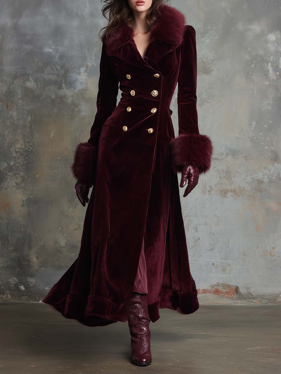 Velvet Long Coat With Faux Fur Collar & Cuffs – Burgundy Wine