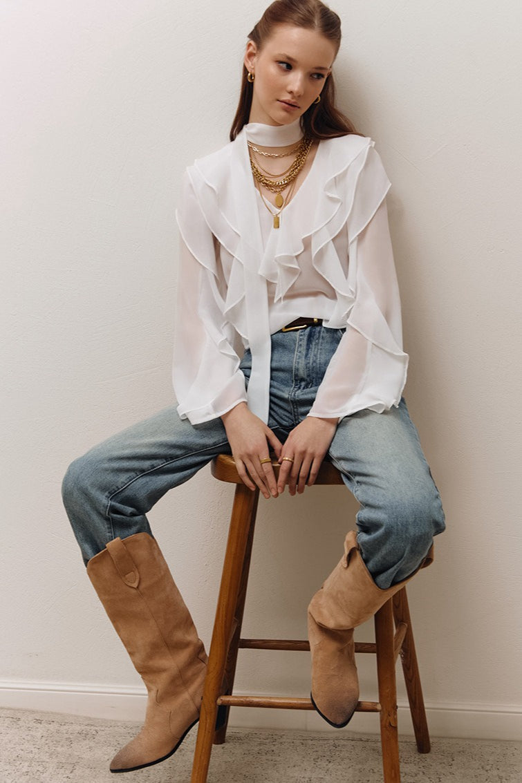 Ruffle Front Scarf Tie Blouse