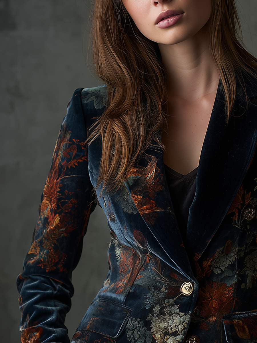 Floral Print Velvet Single Button Blazer 2