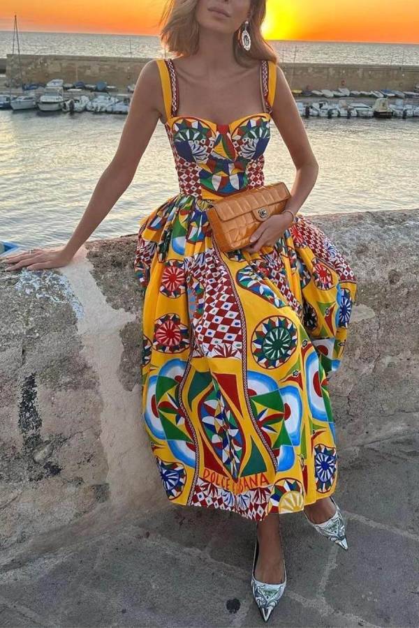 Unique Sunset Walk Ethnic Pattern Print Backless Midi Dress - Fashionpara
