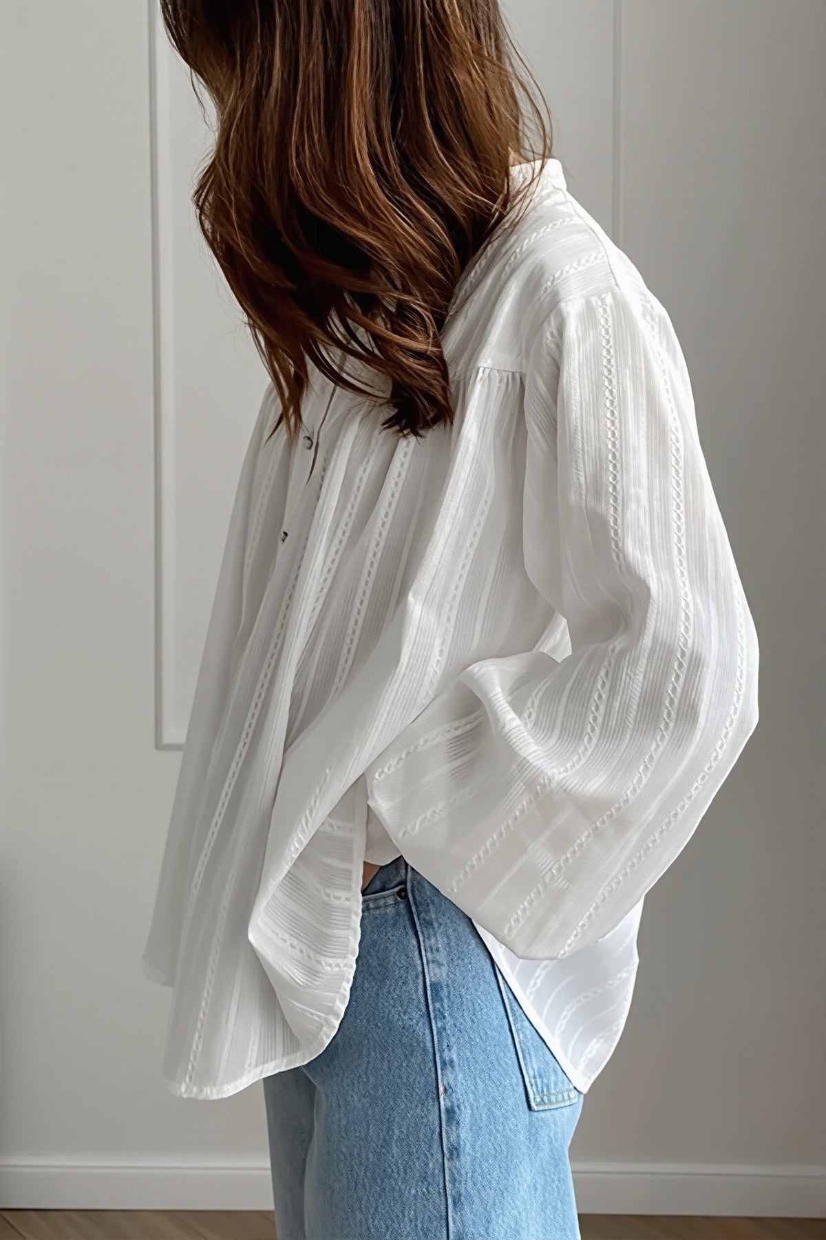 Textured Stand Collar Button Blouse
