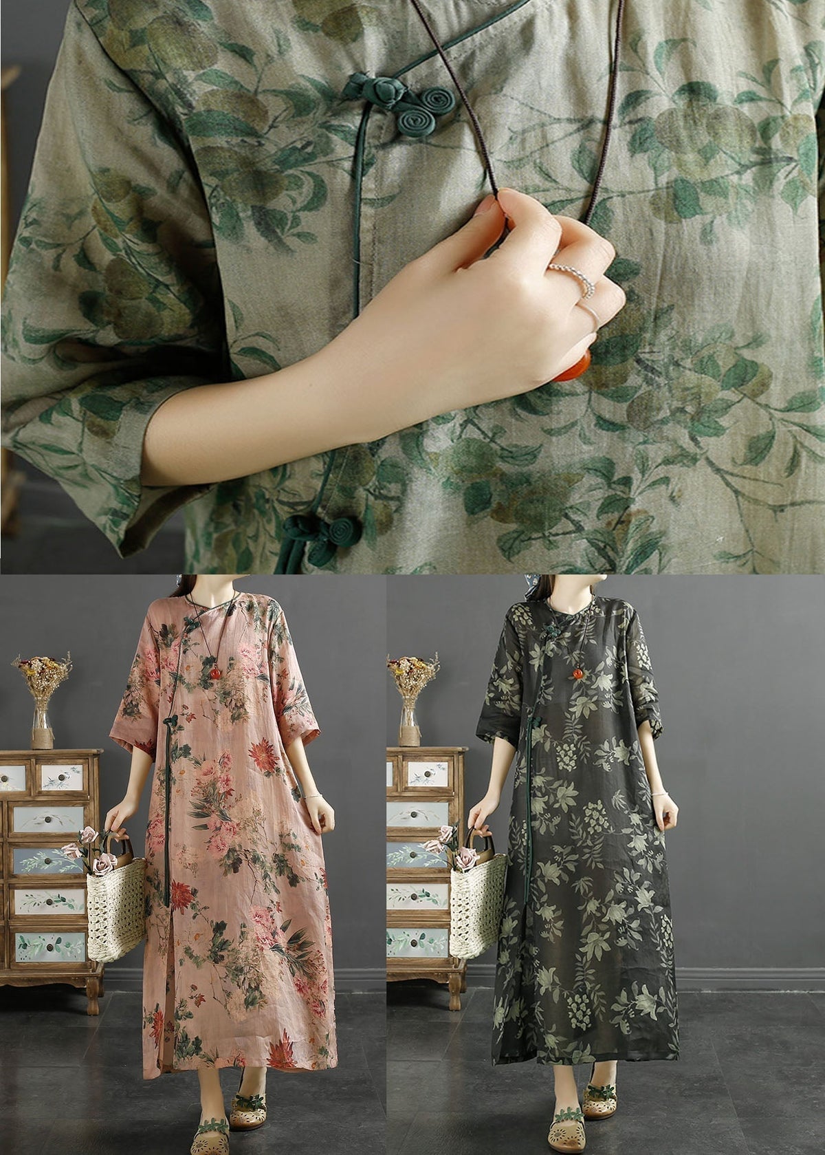 Botanical Print Frog Button Cheongsam Three Quarter Sleeve Maxi Dress - View 5