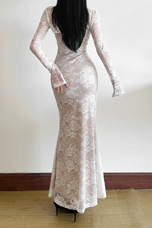 Fish Tail Square Neck Lace Dress - View 6