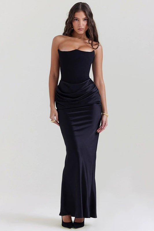 Satin Strapless Corset Ruched Mermaid Maxi Gown
