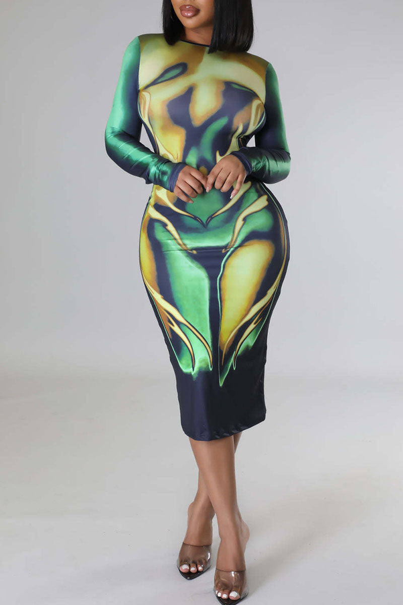 Sexy Print Patchwork O Neck Pencil Skirt Dresses  Fashionpara