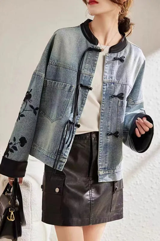 Vintage Print Short Denim Jacket