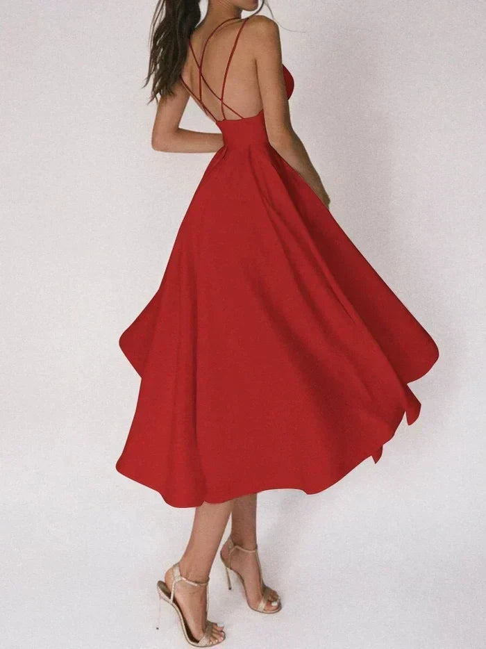 Double Strap Deep V-Neck Cinched Waist Midi Cocktail Dress - View 6