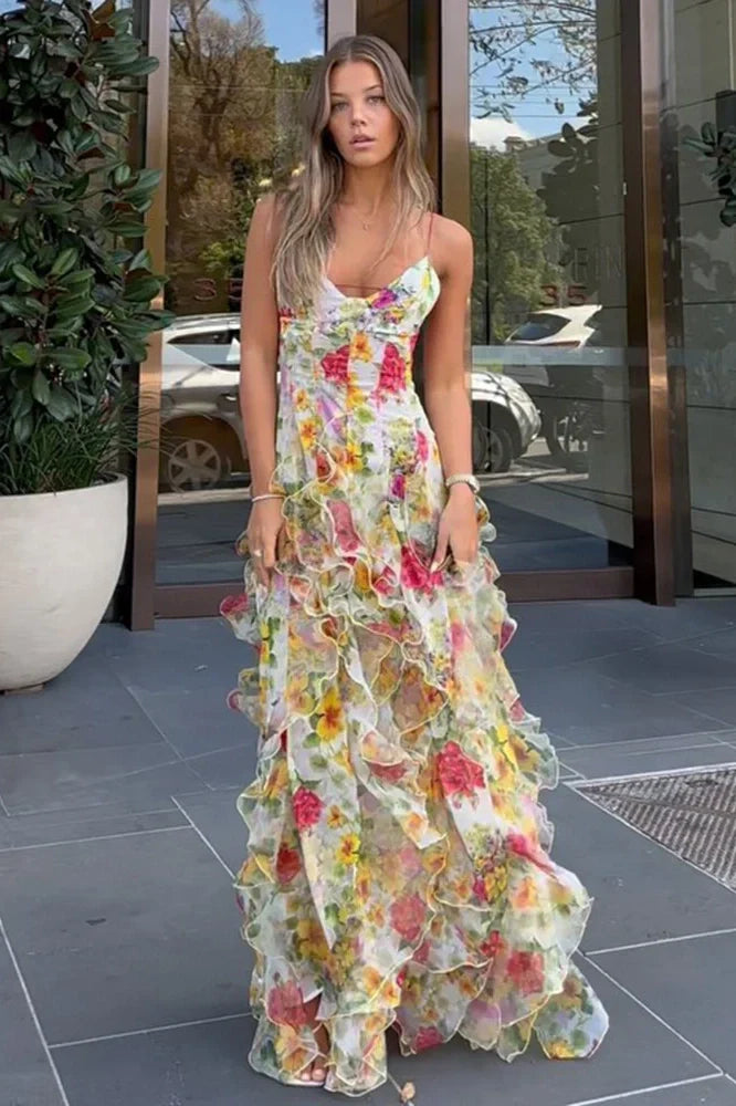 Charming A Line Spaghetti Straps Blue Floral Printed Long Party Dress - Fashionpara