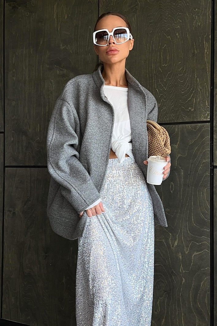 Gray Stand Collar Cocoon Sleeve Coat