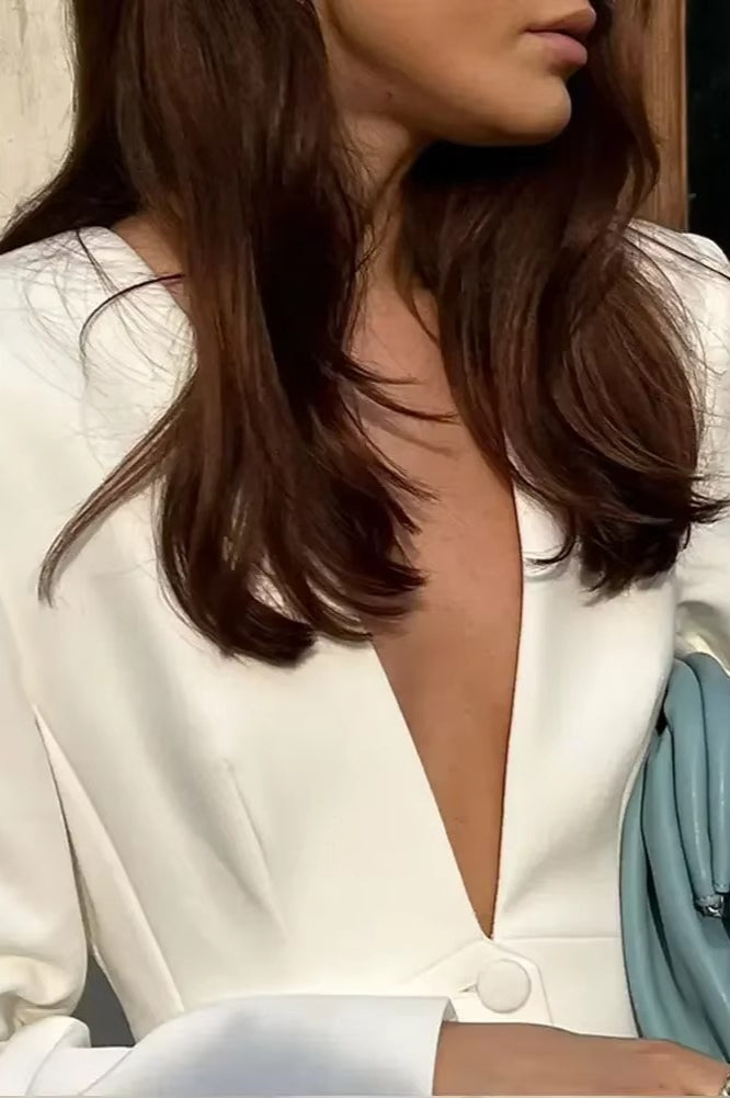 White Deep V-neck Blazer Pants Office Two Piece Set