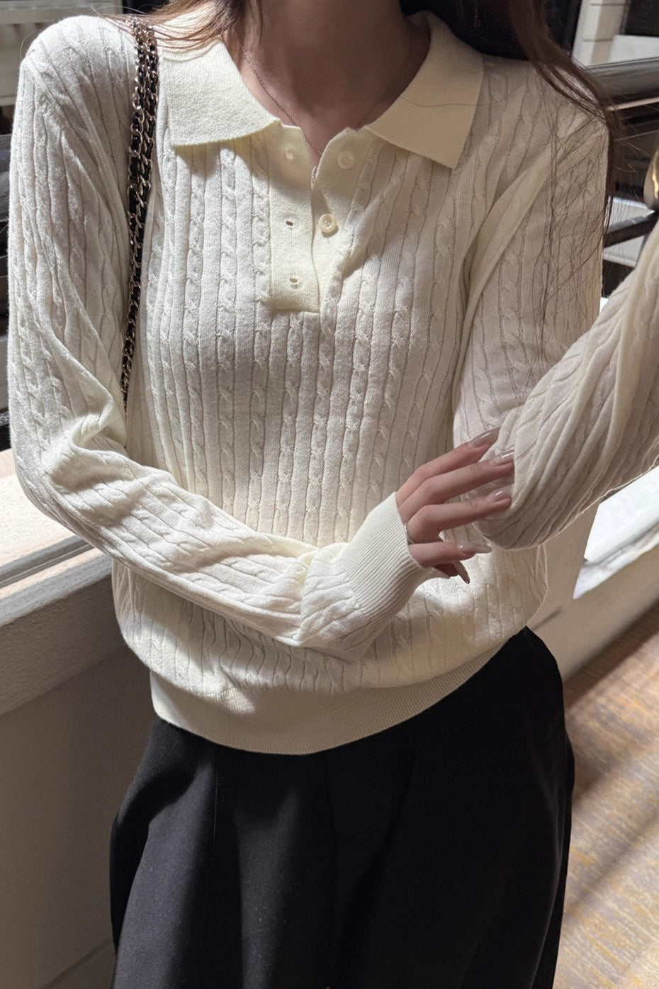 Cable Stitch Collared Knit Top