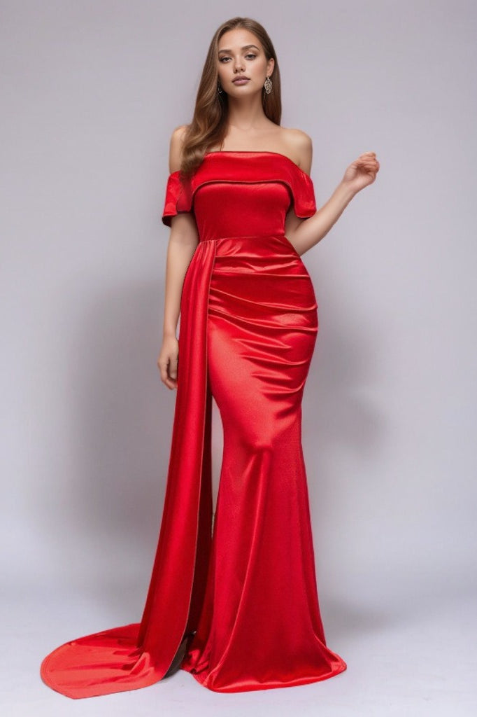 Satin Off Shoulder Ruched High Split Maxi Formal Gown - View 7