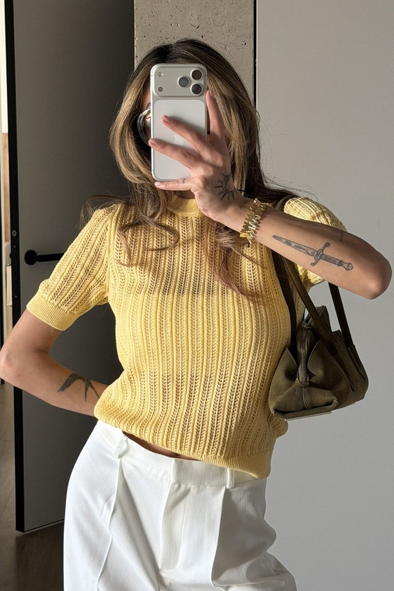 Openwork Short Sleeve Crew Neck Sweater