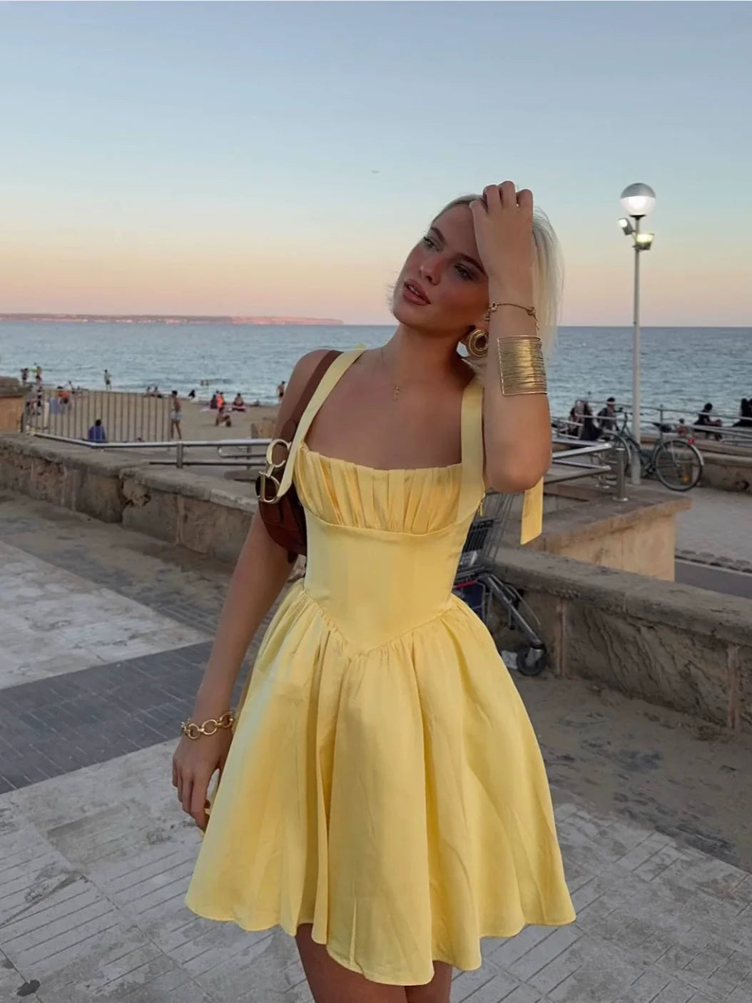 A Line Homecoming Dresses Yellow Bow Strap Prom Cocktail Party Gown - Fashionpara