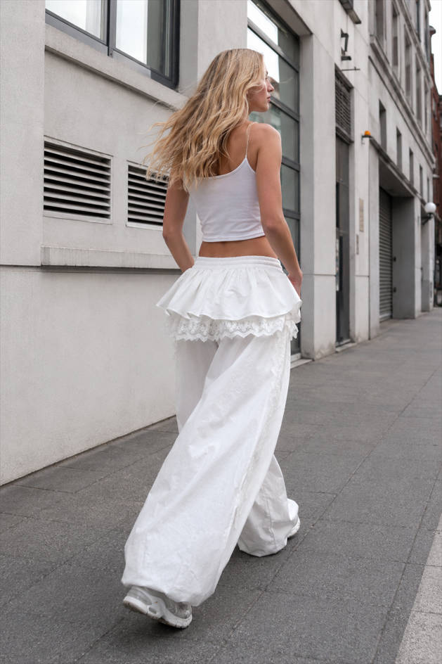 Lace Skirt Hem Trim Wide Leg Pants
