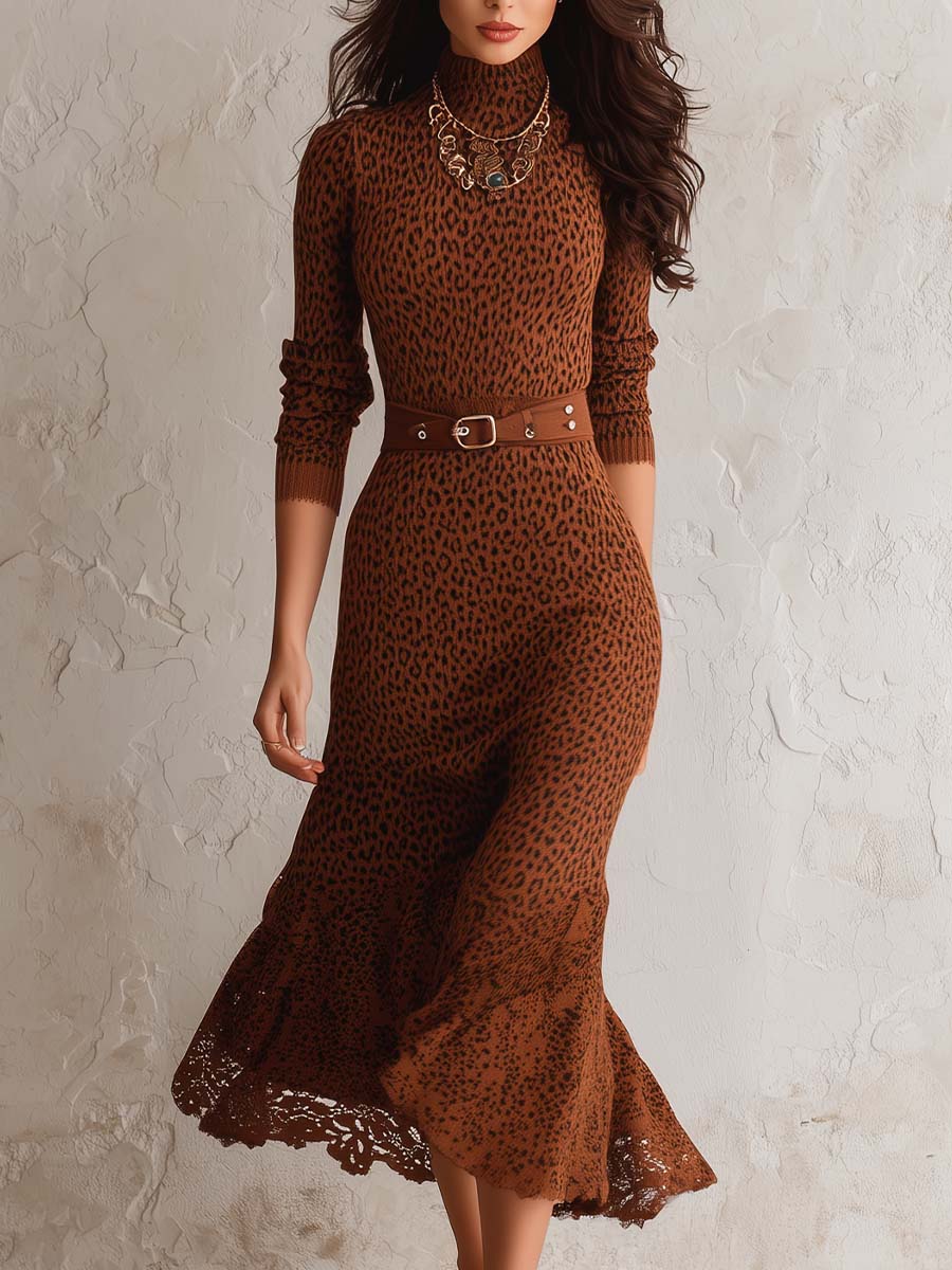 Classic Retro Belted Animal Print Sweater Midi Dress - Fashionpara