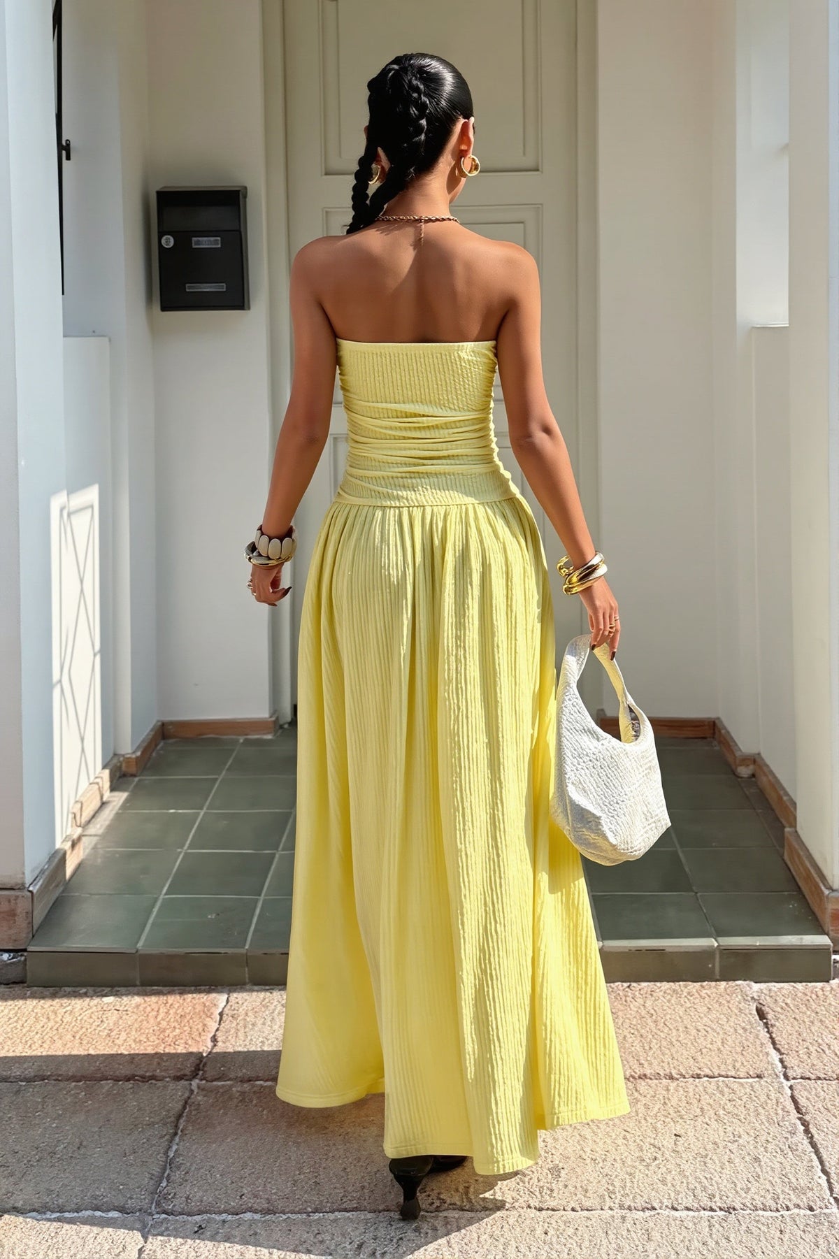 Strapless Ruched Drop Waist A-Line Maxi Dress