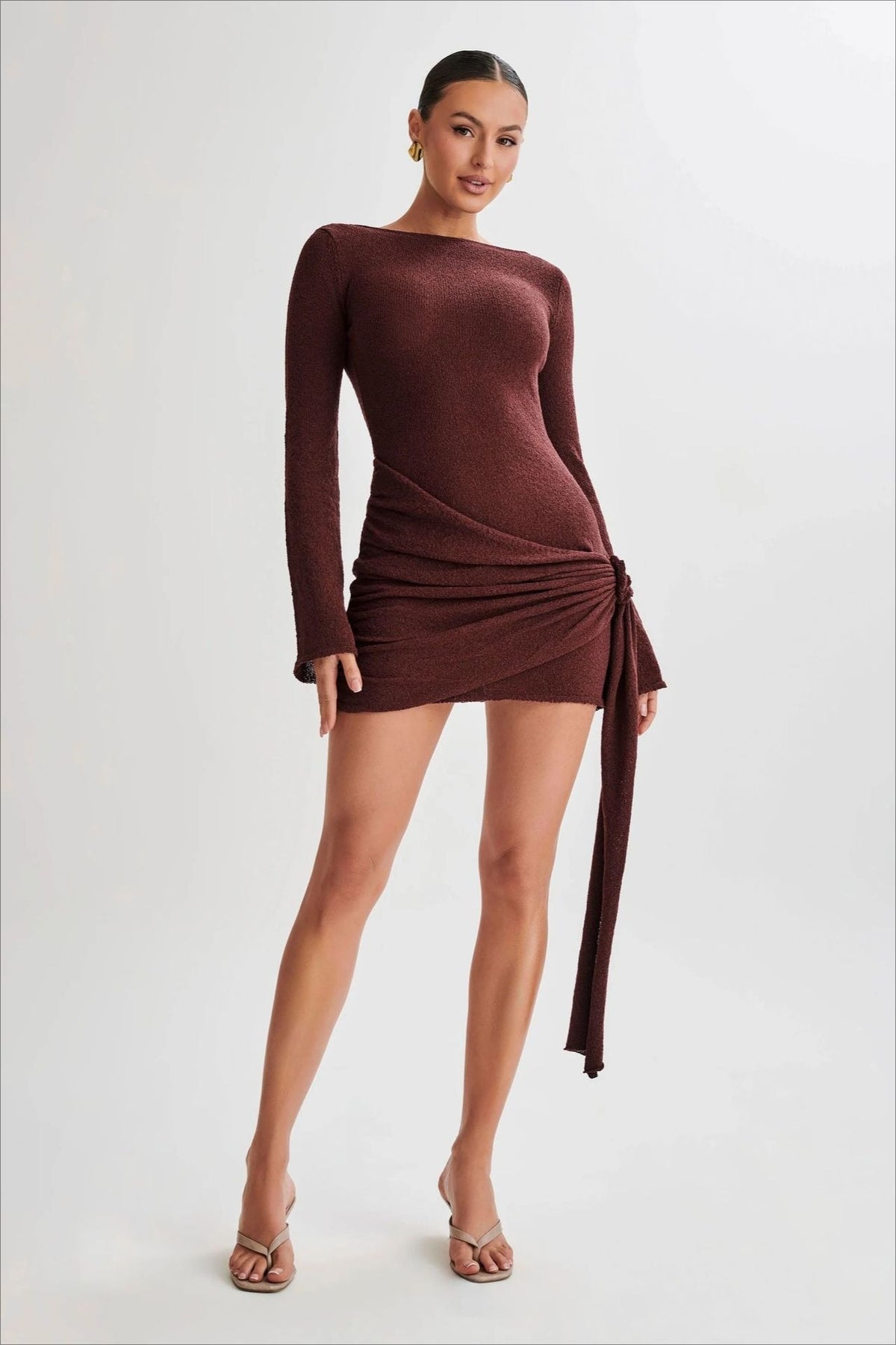 Knit Boat Neck Bell Sleeve Ruched Mini Dress