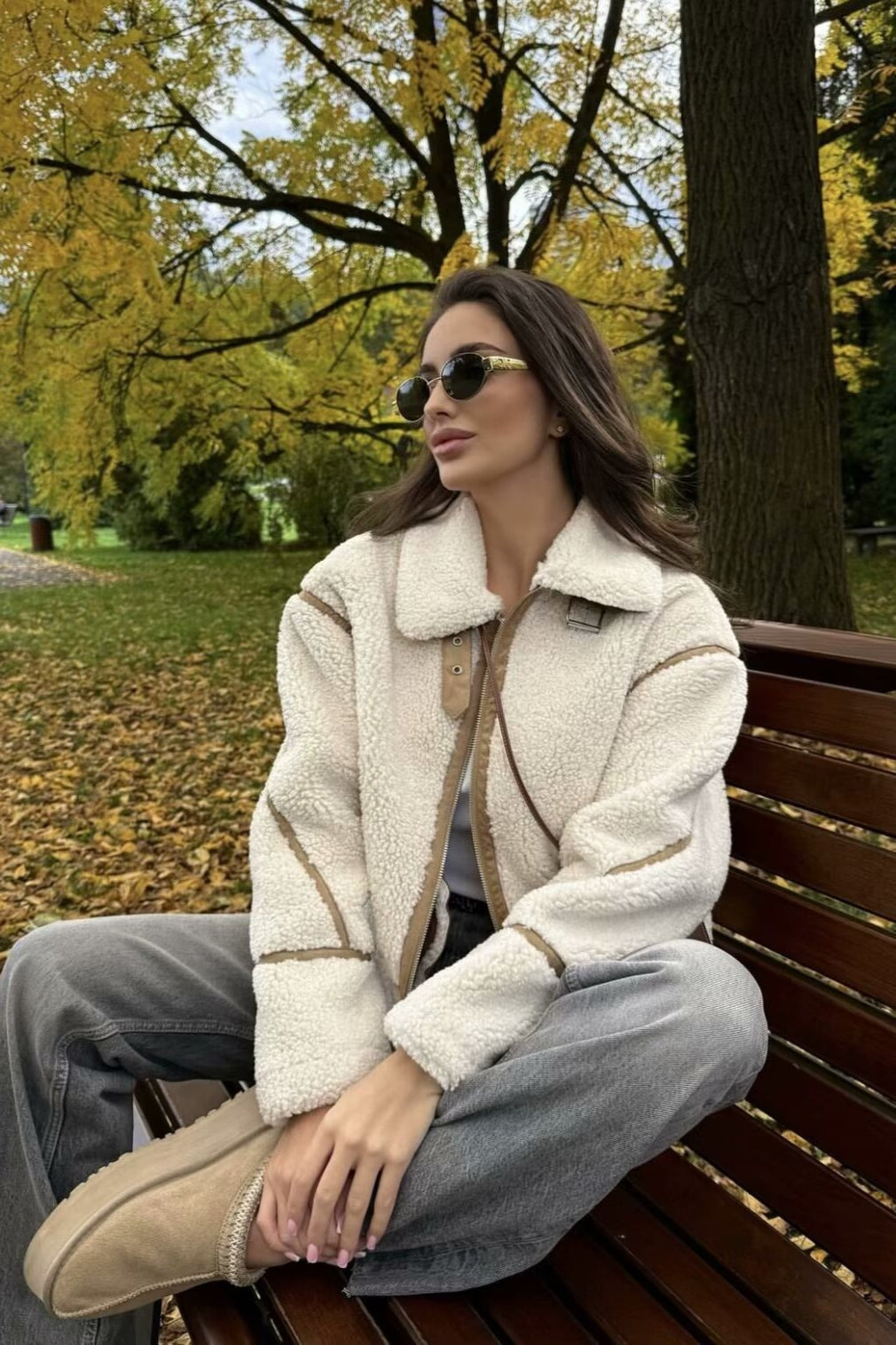 Lapel Faux Shearling Fleece Coat - Fashionpara