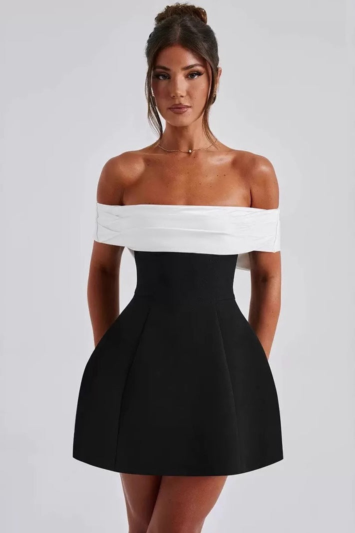 Two-Tone Off-Shoulder Fit-and-Flare Mini Dress