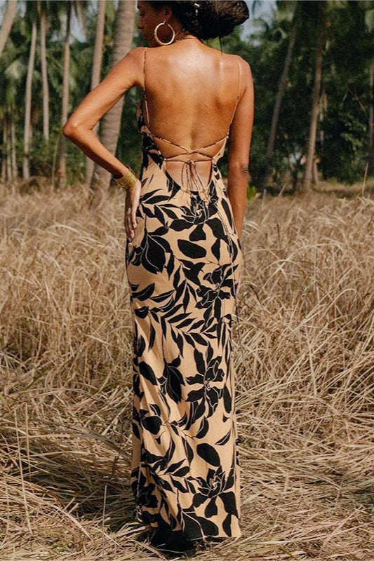 Floral Print Cowl Neck Spaghetti Strap Slip Maxi Dress