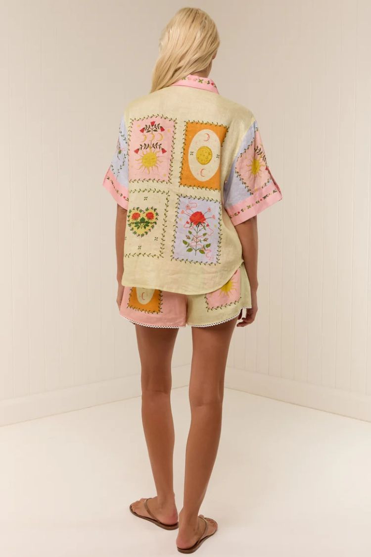 Lily Song Linen Blend Unique Print Short Sleeve Shirt and Belted Pocket Shorts Set - Fashionpara